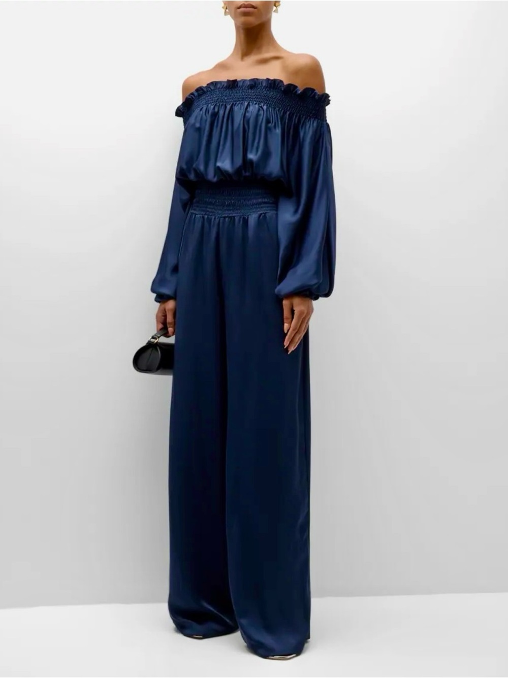 RAMY BROOK Teagan Satin Navy Blue Off-the-Shoulder Silk Jumpsuit Smocked Waist